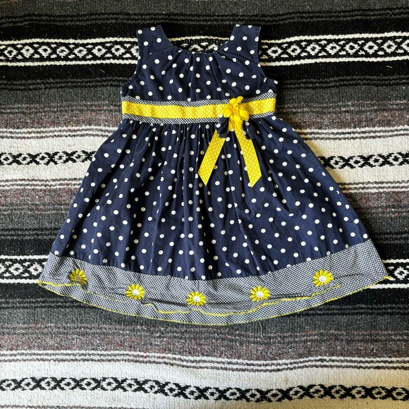BLUBERI BOULEVARD BLUE WHITE YELLOW POLKA DOT DAISY FLOWER DRESS SIZE 4T COTTON - Picture 1 of 7